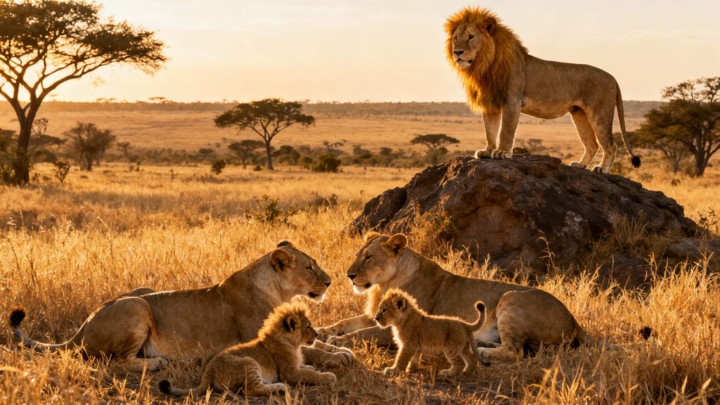 Golden Sovereigns of the Savanna: Lions, Weaving Threads of Predation and Kinship Beneath the African Sun